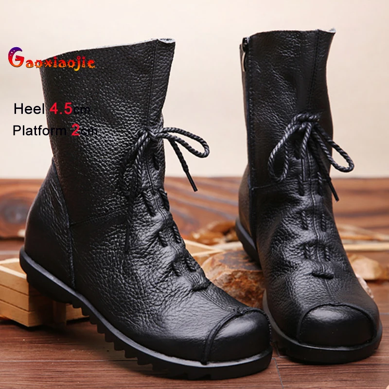 

Western style Mid-calf Boots For Woman 4.5CM High Heel Autumn Winter cow Leather Casual Boots Women Anti-Slip Warm Black Shoes