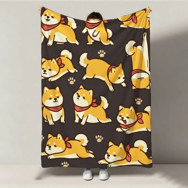 

1pc Shiba Inu Flannel Blanket - Red Bow Plush Texture, All-Season Sofa/Bed/Gift Contemporary Style