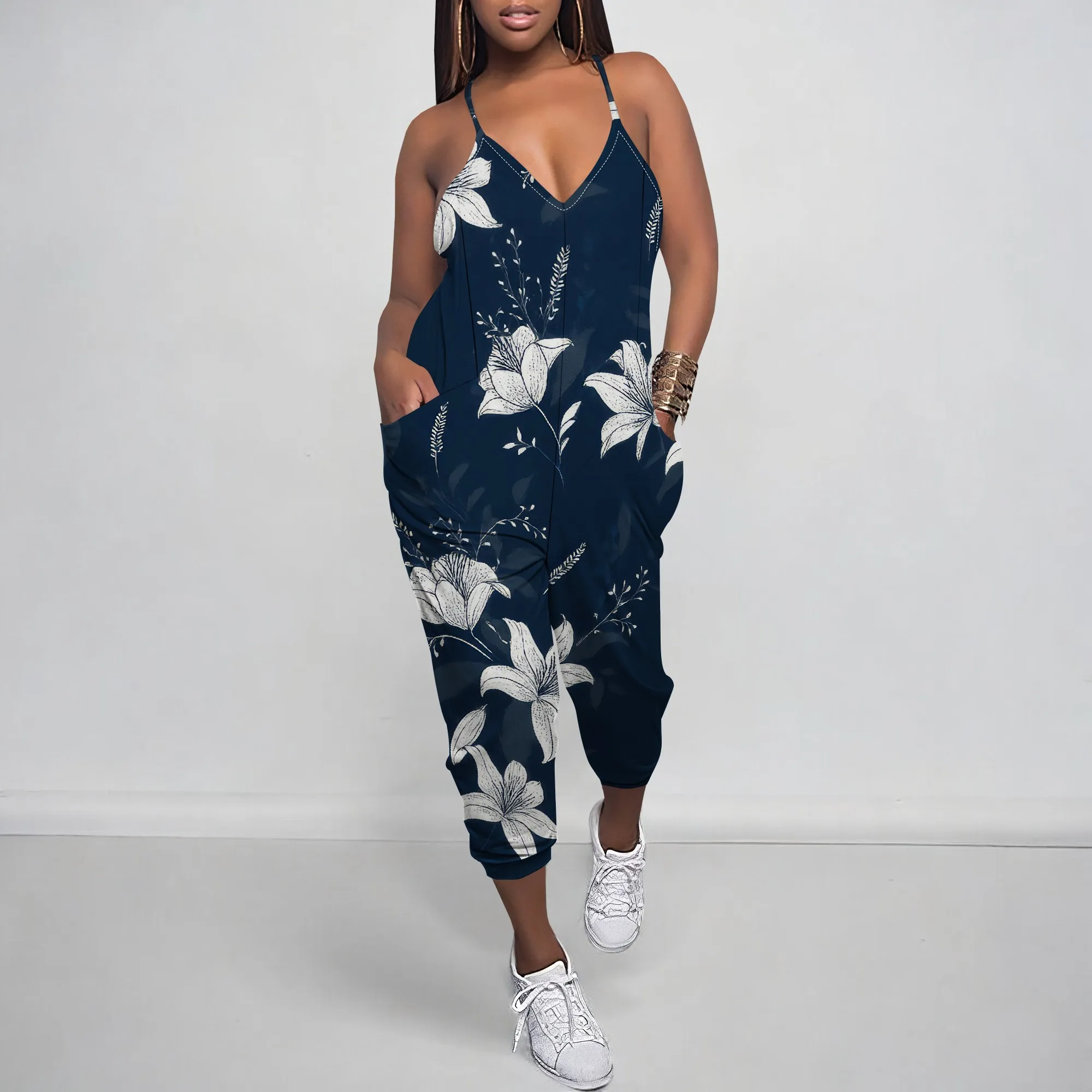 Summer New Multi Colored Printed Loose Elastic Women's Deep V Neck Sleeveless Slim Shoulder Strap Leg Strap Pocket Jumpsuit