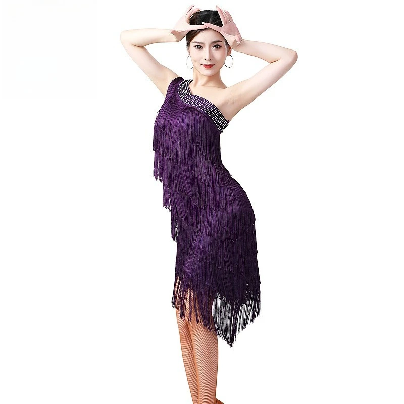 Latin Dance Performance Dress Sexy Fringe Slant Shoulder Hot Diamond Texture Full Multi-color Summer Stage Competition Costumes