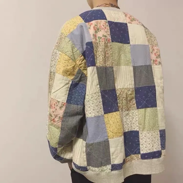 خمر عودة المرقعة الأزهار النسيج هيراتا الرجال والنساء كنزة قطيفة ريترو بأكمام طويلة تي شيرت غير رأس المال