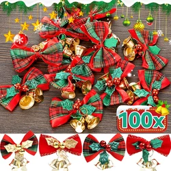 1/100PCS Mini Bowknot Jingle Bell Christmas Trees Hanging Pendant Small Bow with Bell Ornament Party Gifts New Year Decorations