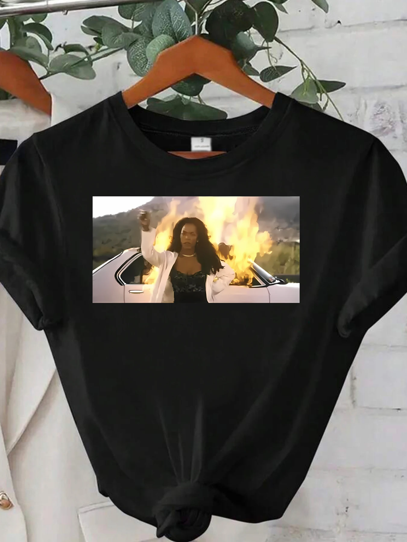 

Car fire pattern round neck plus size women T-shirt short sleeve trend printing elastic half sleeve T-shirt