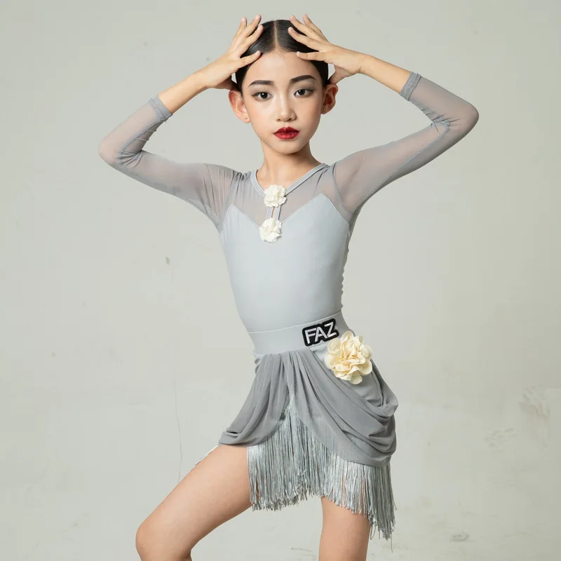 

Customized Latin Dance Suit Practice Dress Girls' Competition Performance Dress Light Gray Mesh Floral Fringe Skirt Split Set