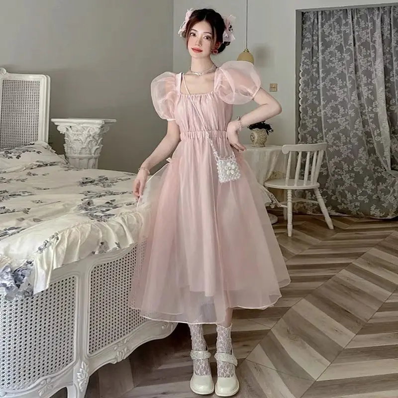 French Gentle First Love Escape Princess Dress Super Immortal Pink Bubble Sleeve Dress Women's Summer Long Dress