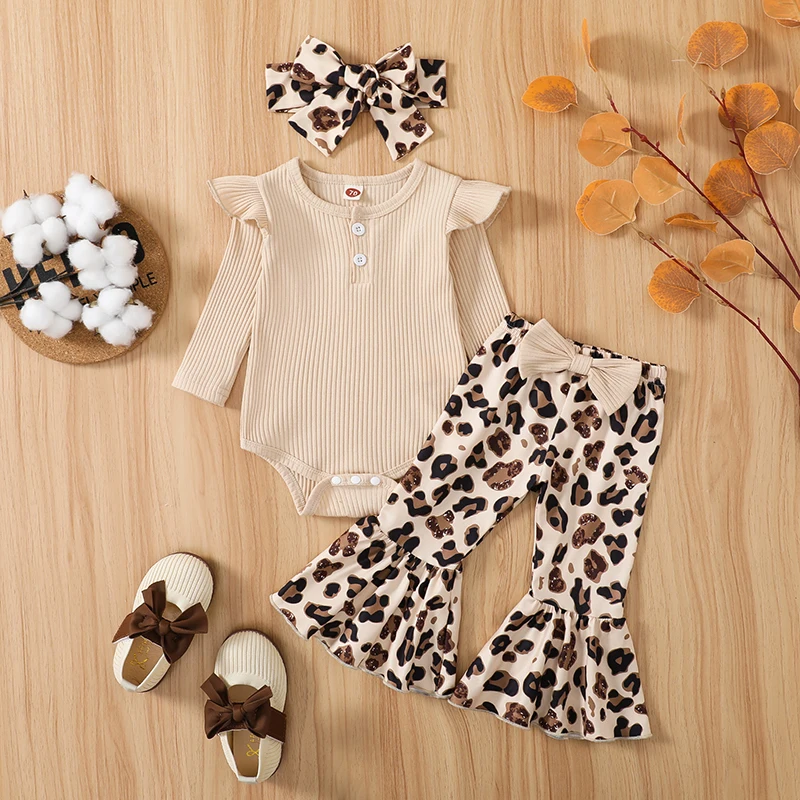 3pcs Set Newborn Baby Girl Spring Clothes Infant Rib Frill Long Sleeve Romper Leopard Flared Pants Headband Set Outfits