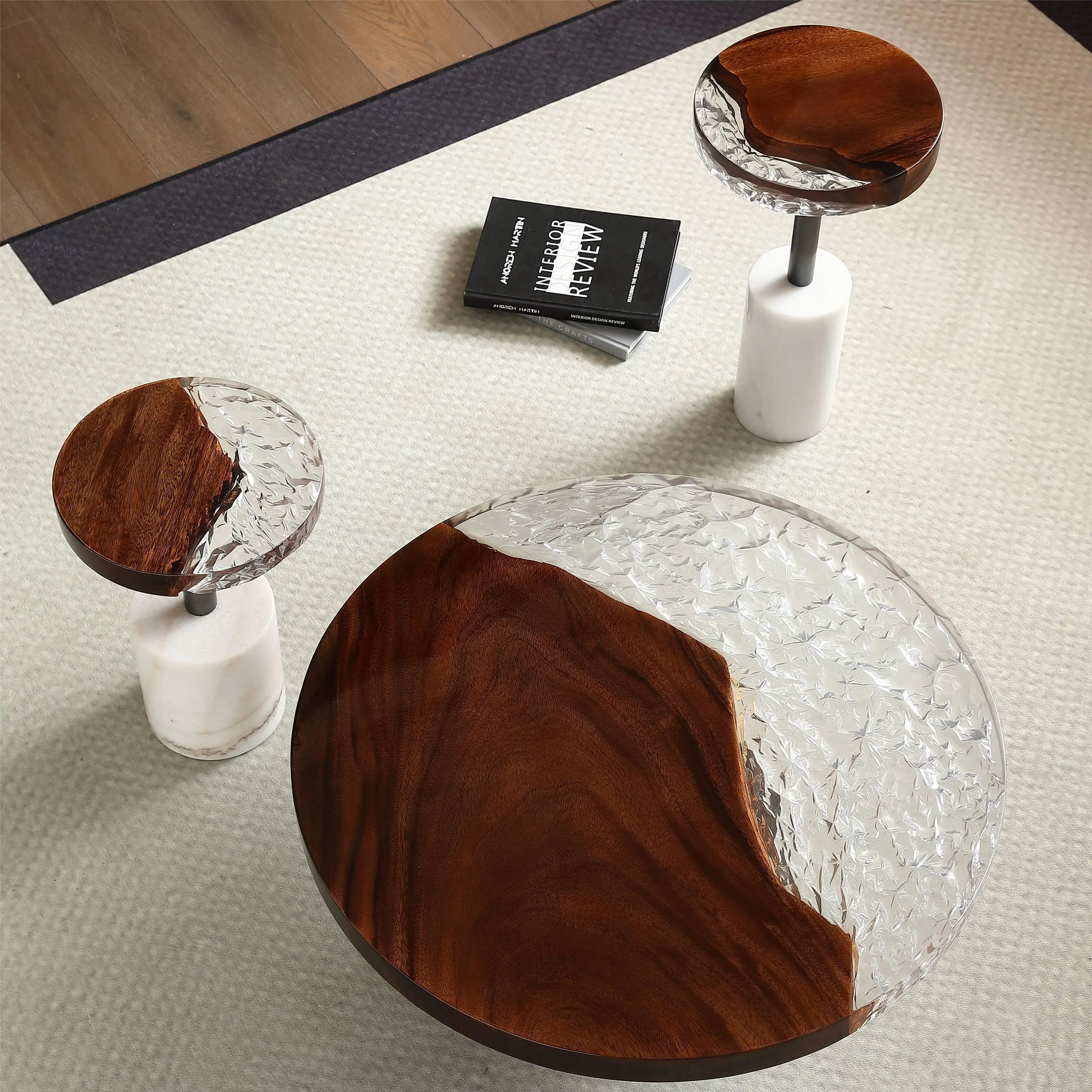 Round epoxy coffee table Wood Modern Design Stone Leg  High And Low Living Room resin Coffee Table Set