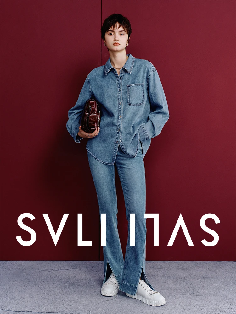 

SVLI Vintage Washed Denim Soft Lyrical Paper Doll Shirt Casual Loose Fit Long Sleeve Women's Breathable Comfortable Jeans Shirt