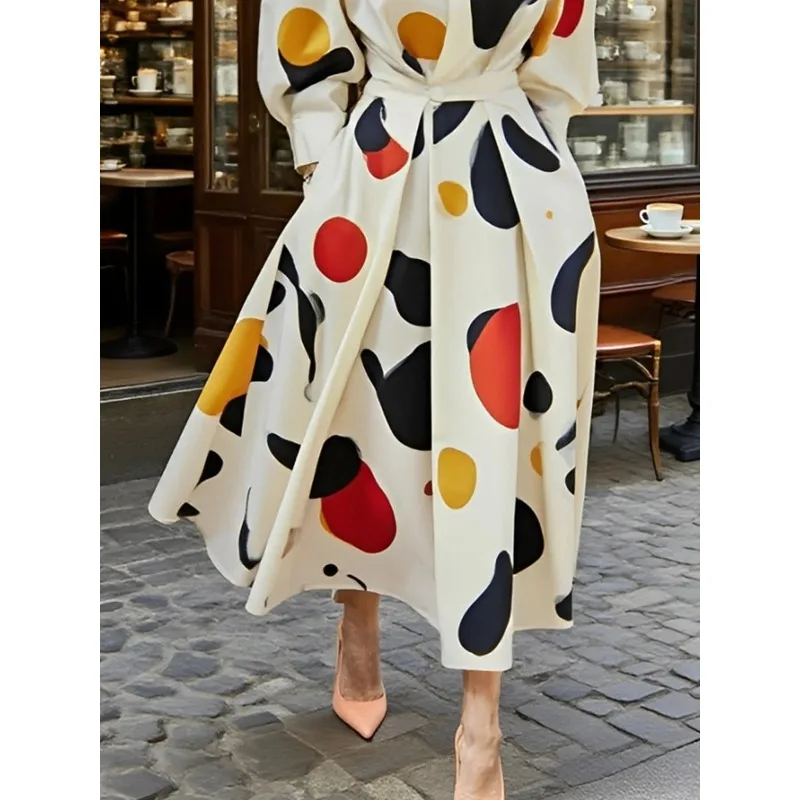 T Е Punti colorati Abiti taglie forti Donna 2025 Abbigliamento da ufficio Pieghe risvolto Tasche a maniche lunghe Camicie femminili Abito 186802