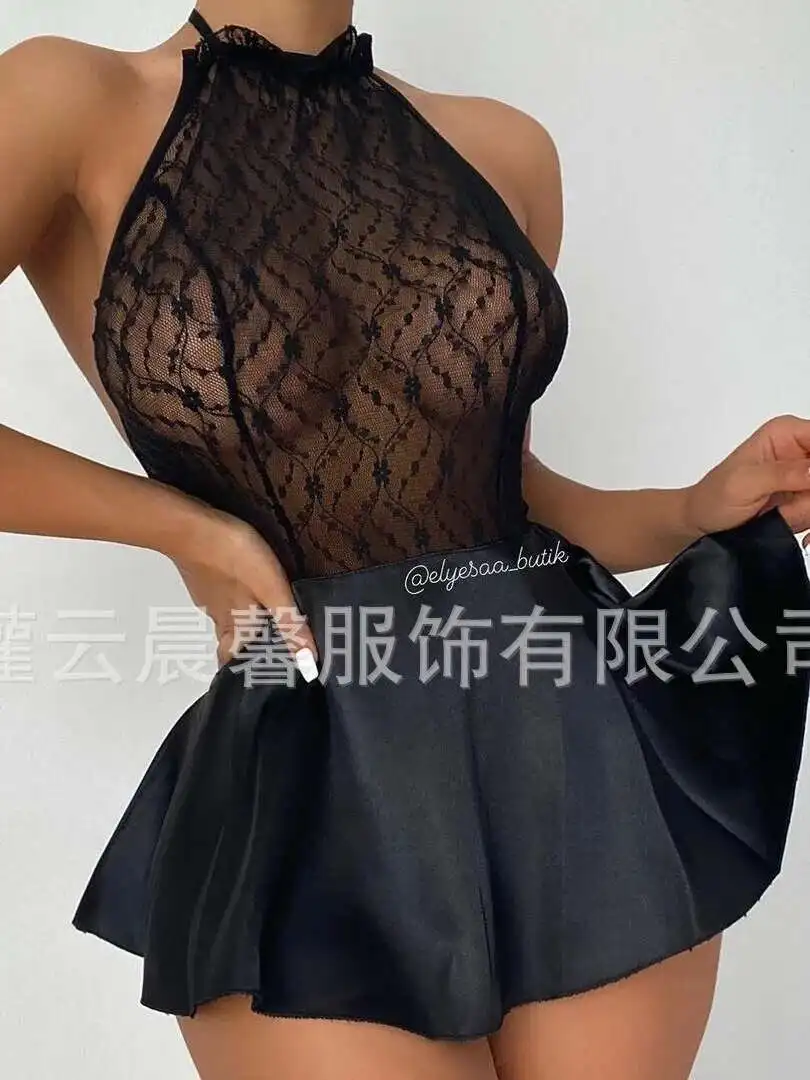 Sexy Solid Color Mesh Flower Print Dress Hanging Neck Backless Deep V Sleeveless Dress Charming Elegant Pure Desire Casual LBXC