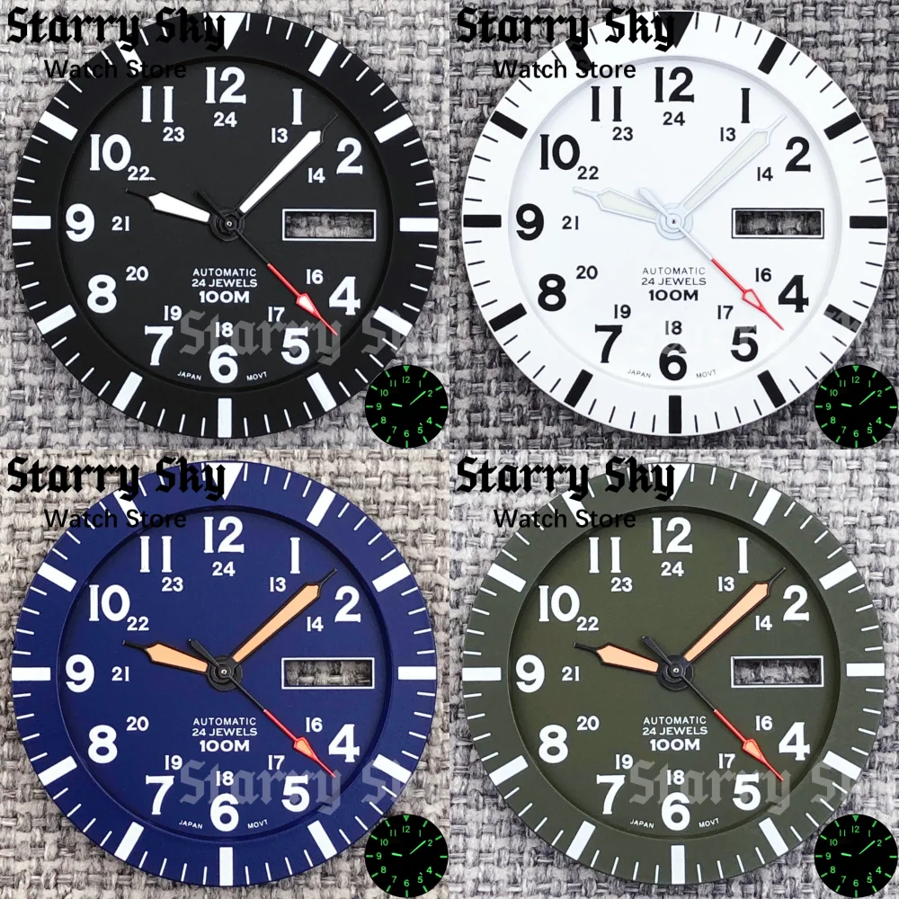 

Циферблат часов Starry Sky New 34,3 мм с двойным календарем и зелеными светящимися стрелками, подходит для механизмов NH35 и NH36, аксессуар для часов.