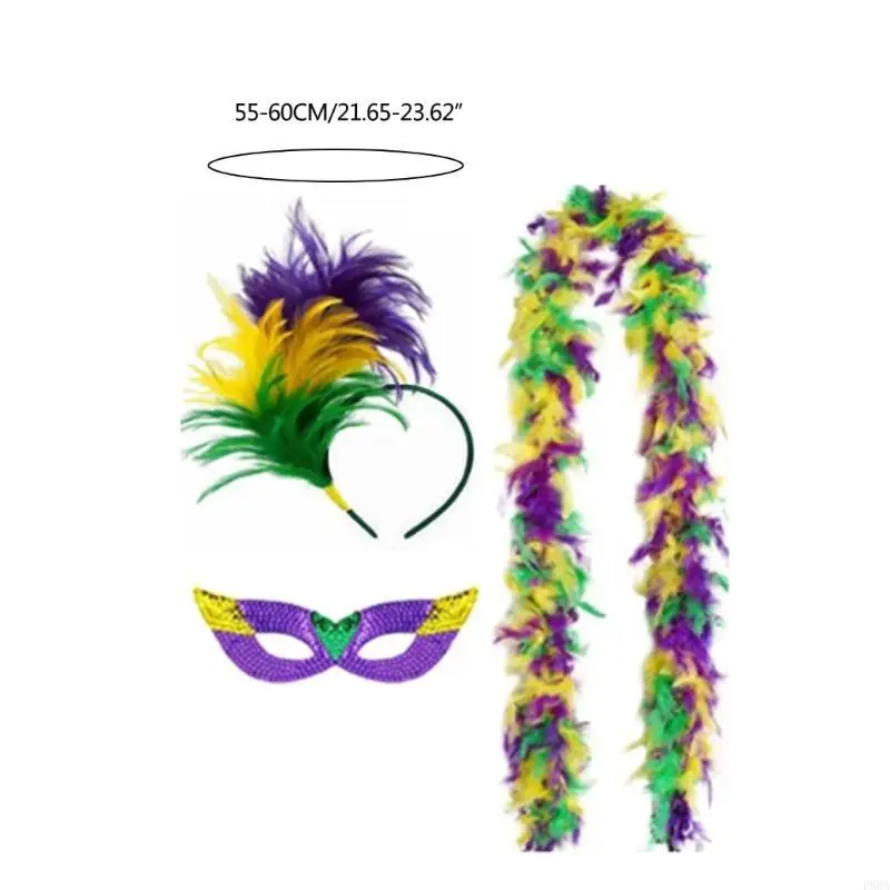 P88A Máscara para ojos Tricolor, diadema plumas, pañuelo para cuello, accesorios para disfraz Mardi Gras, conjunto y