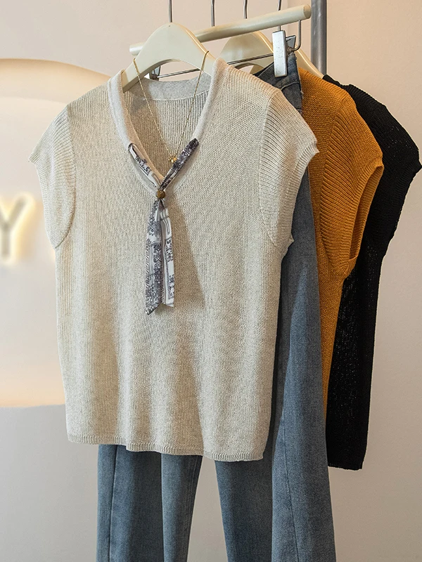 Elegant V-Neck Knitted T-Shirt Women's Summer New Style Fashion Retro Atmosphere Casual Short Sleeve Top Skin-Friendly Breath...