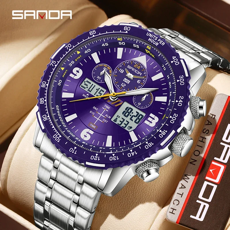 SANDA New Business Quartz Watches for Man Fashion Stainless Steel Tape Date Multifunctional Chronograph 5Bar Waterproof Clock
