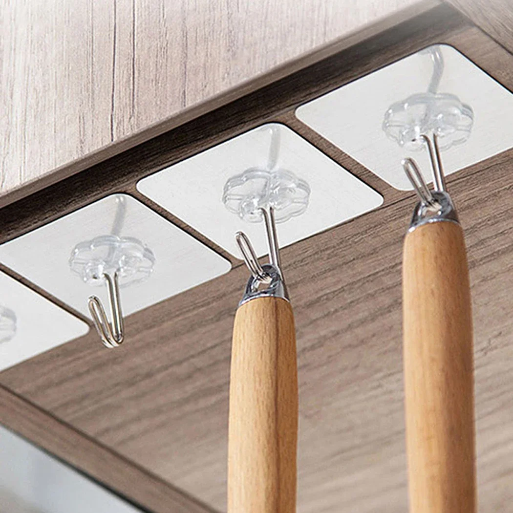 Strong, Transparent Sticky Wall Hanging Nailfree Hook for Kitchen Bathroom, Stainless Steel, Reusable and Traceless