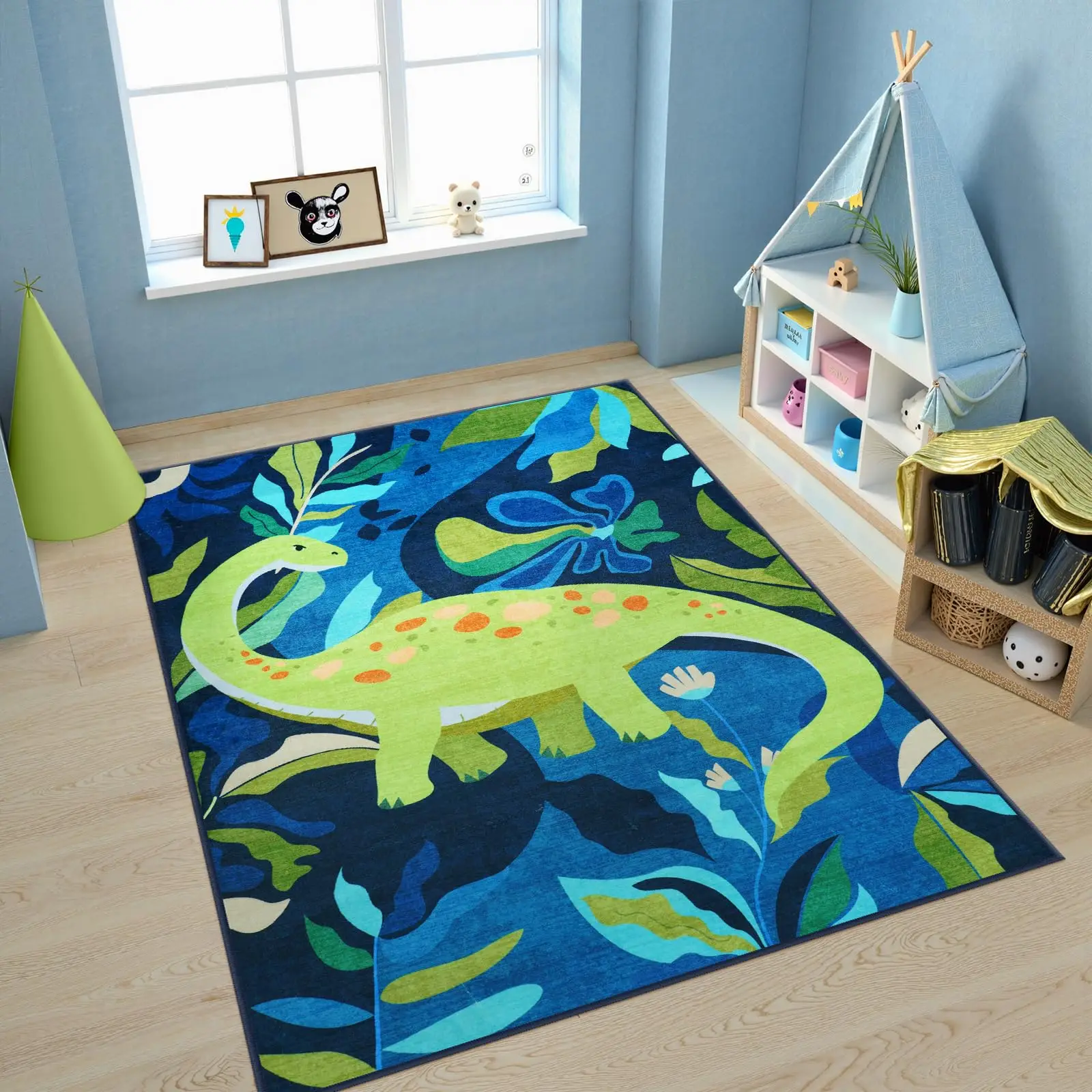 Alfombra de Dinosaurio Adorable para Dormitorio, Decoración de Habitación Infantil con Dibujos Animados, Alfombra con Patrón de Animales de Dinosaurio, Antideslizante y Lavable