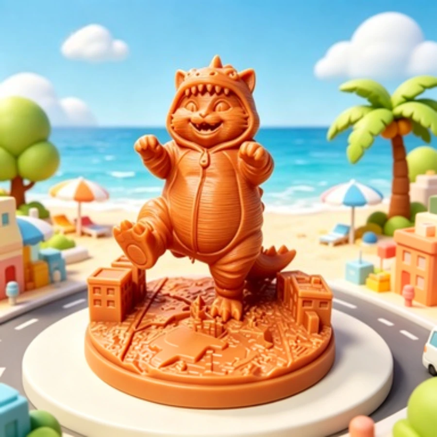 Cat Figurine Pink Monster Cat Destroying City Diorama Dinosaur Hoodie Cat Statue Funny 3D Printed Desk Decor Gifts City Diorama