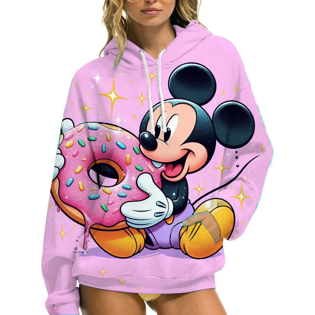 เสื้อฮู้ดดี้พิมพ์ลายมิกกี้เมาส์สีชมพูสไตล์ดิสนีย์ สวมใส่สบายๆ ในฤดูใบไม้ผลิและฤดูใบไม้ร่วง คอทรงกลม แขนยาว สำหรับผู้หญิง