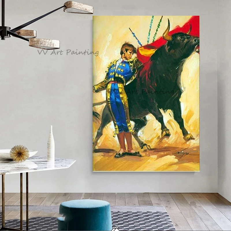 

Newest Bull and Man Handmade Abstract Style Portrait Oil Painting On Canvas for Living Room Decoration Bullfight Mural Drawing