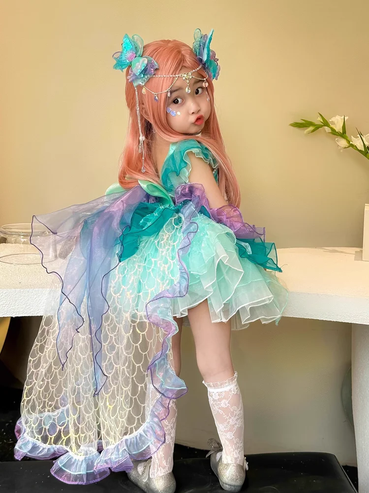 New Bow Lolita Mermaid Dress for Girls Princess Birthday Party Fluffy Sleeveless Bowtie Children\'s Elegant Evening Dress 3-10Yrs