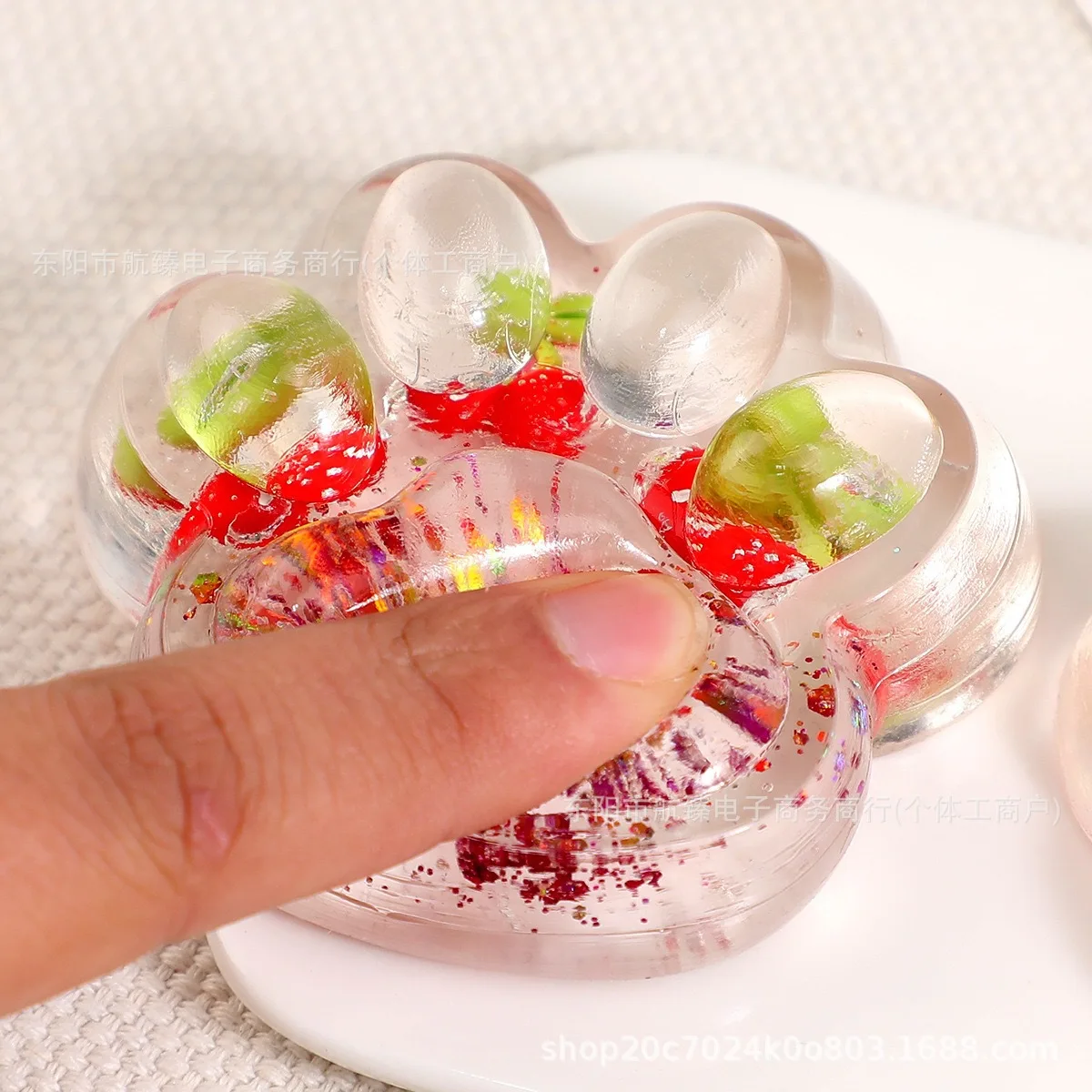 Cute Transparent Cat Paw Squeeze Fidget Toy Glitter Sequins Fruit Inside Squishy Soft Stress Relief Decompression Sensory Toy