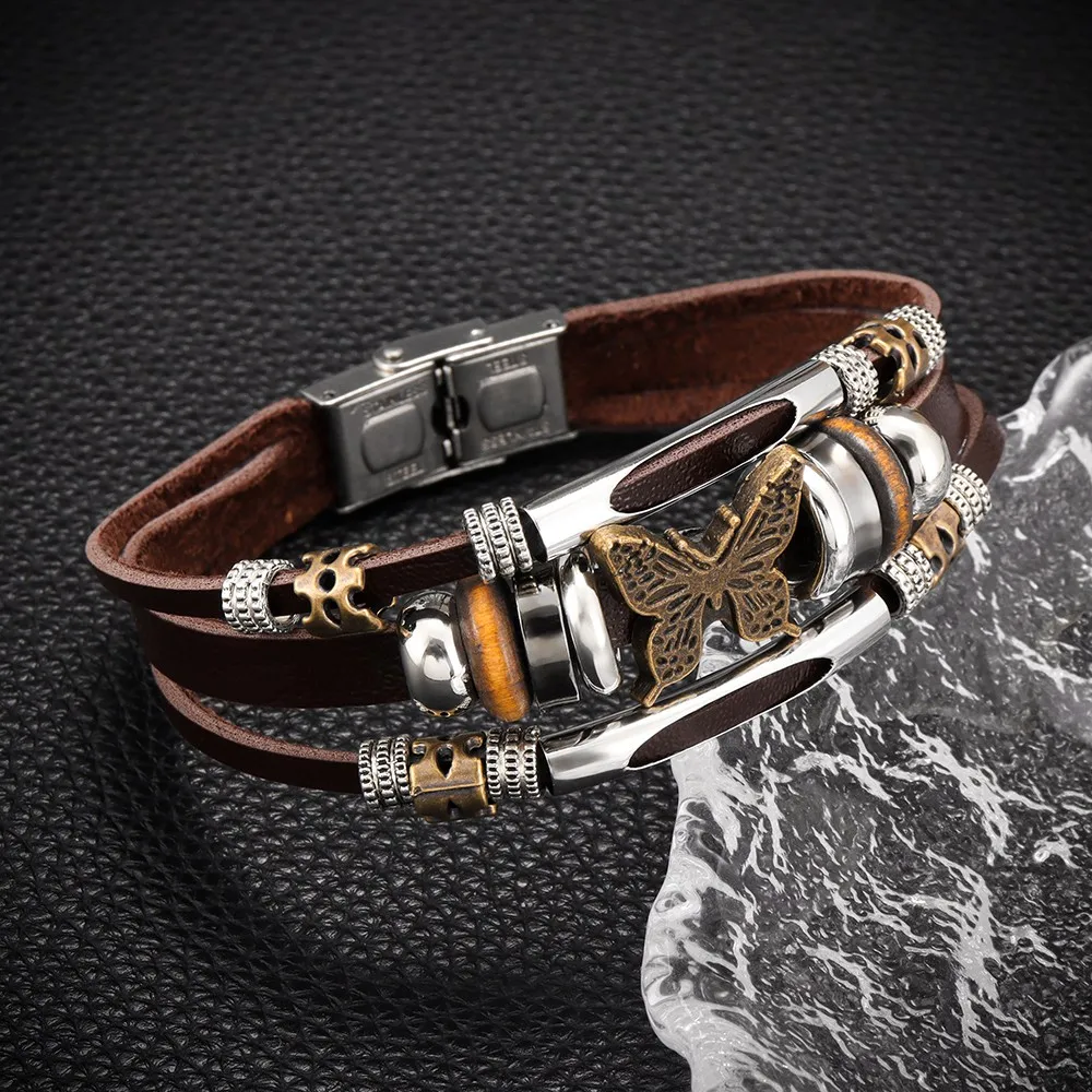 Alloy Butterfly Design Multilayer Handmade Wove Leather Bracelet Vintage Women Casual Fashion Hand Chian Jewelry Accessory Gift