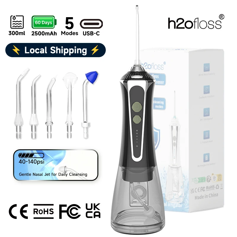 Image of H2ofloss Kabelloser Tragbarer Wasserflosser 300ml 5 Modi IPX7 Wiederaufladbarer Mundduschen-Irrigator mit 5 Düsen 2500mAh Lokaler Versand