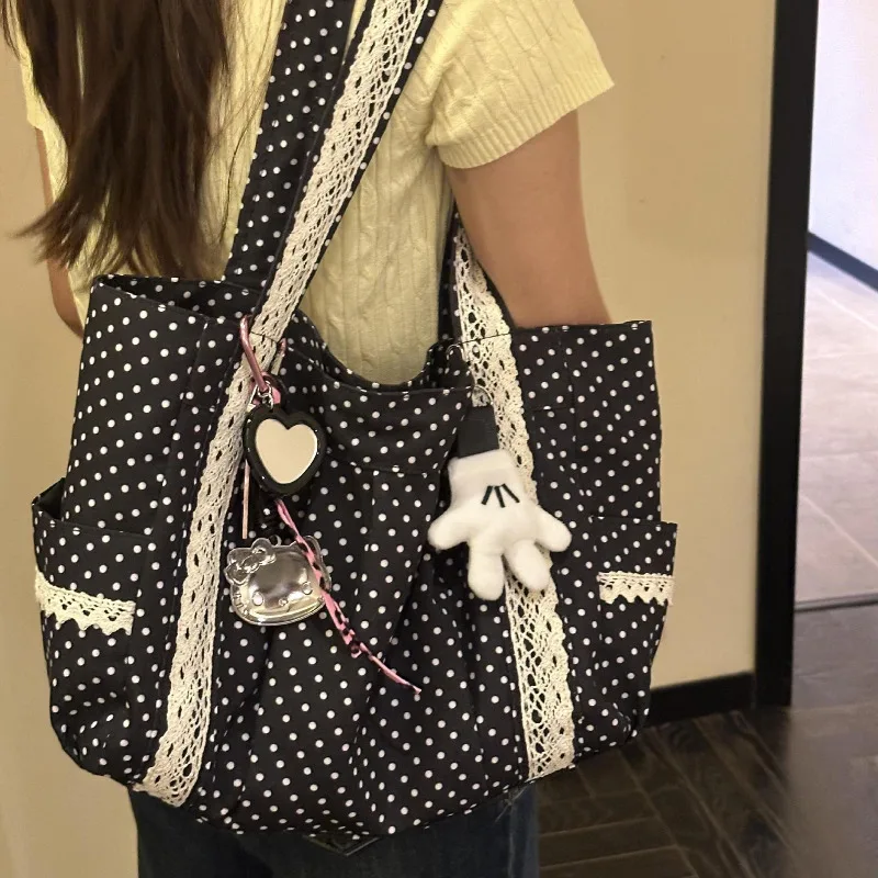 Korean Vintage Canvas Shoulder Bag Women Cute Lace Large Capacity Tote Bag Multi Pocket Handbag Fashion Round Dot Underarm Bag