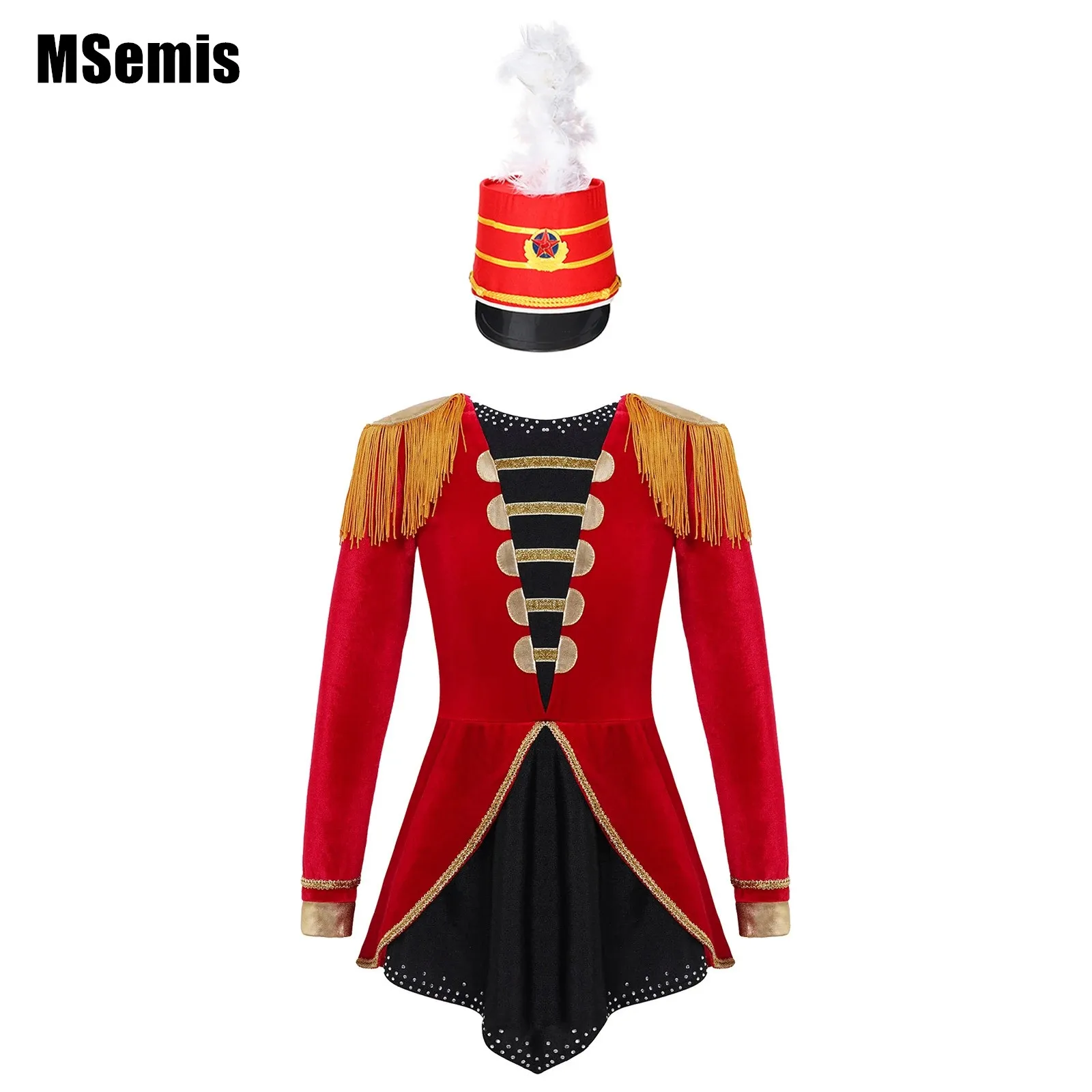 

Kids Girls Flag Raiser Honour Guard Set Halloween Cosplay Costume Tassel Shoulder Decorated Leotard with Feather Hat