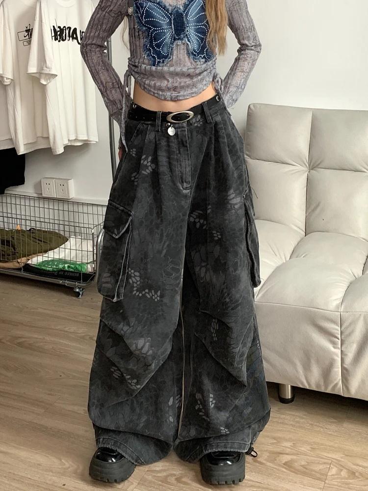 American Retro Camouflage Snake Print Desert Workers Loose Wide Leg Street Straight Tube Pockets Casual Long Jeans