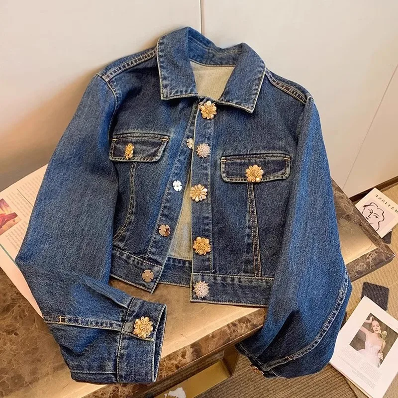 

Exquisite Diamond Button Denim Short Coat For Women Spring Autumn New Sweet Cool Style Single Breasted Blue Cowboy Jacket