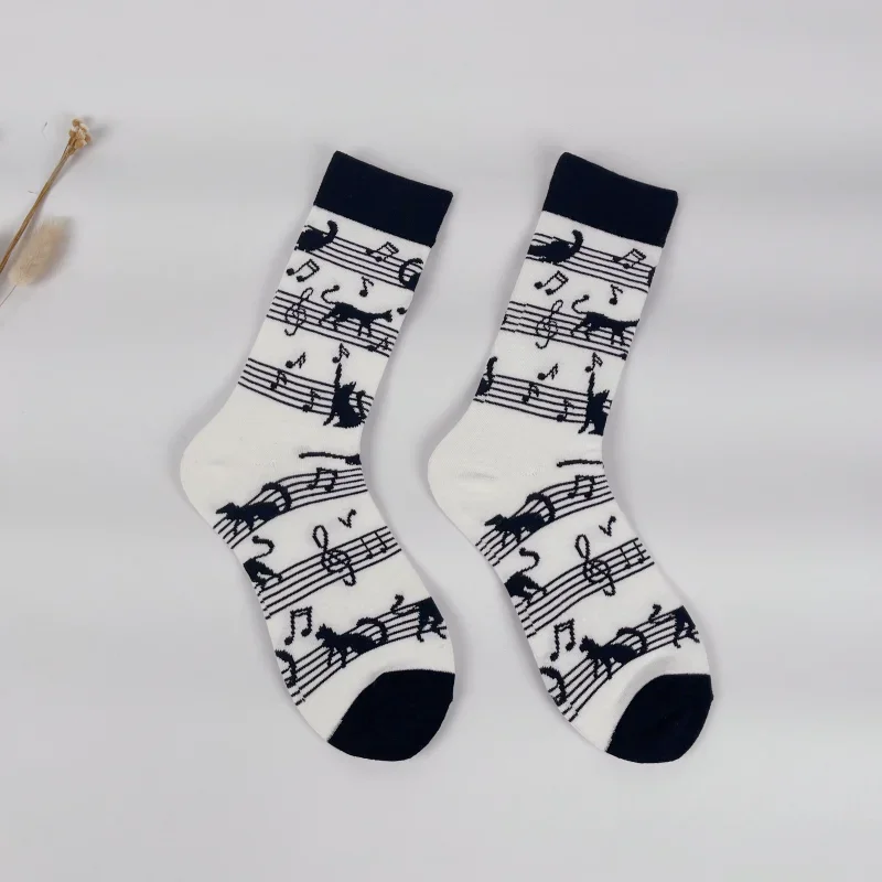 1 Pair Dancing Cat And Music Notes Pattern Mid-Calf Socks，Breathable Cotton Blend, Fashionable Couples' Crew Socks