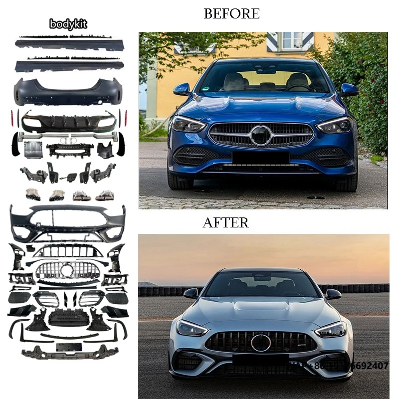 

For W206 Mercedes C-Class Upgrade to C63 Facelift Bodykit Front Bumper and Rear Lip in PP Material ABS Auto Conversion Kit