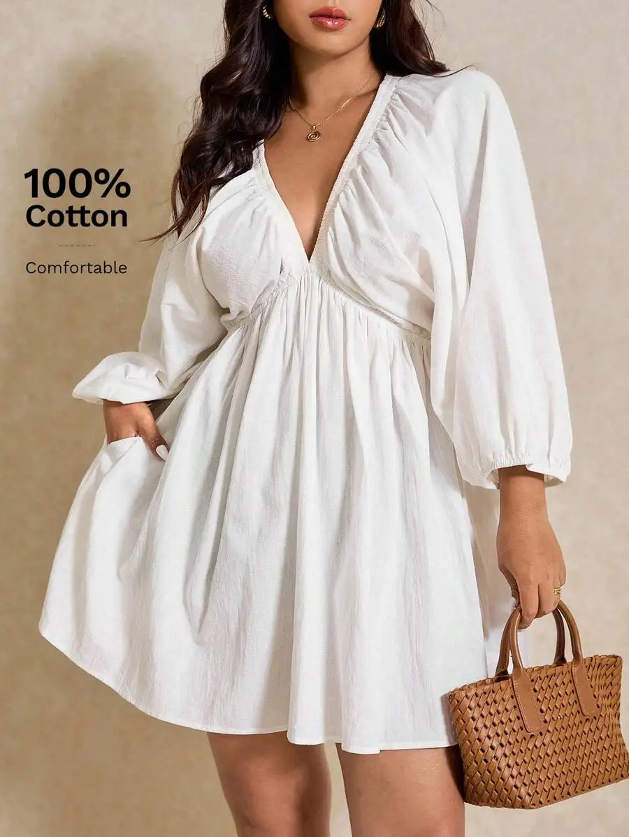 

Платье из хлопка больших размеров с V-образным вырезом и рукавами-фонариками, однотонное, для весны и лета