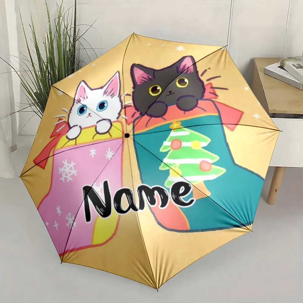 Custom Name Umbrella, Cute Cats in Christmas Stockings Design Umbrella Folding Umbrella for Sunny and Rainy,Gift