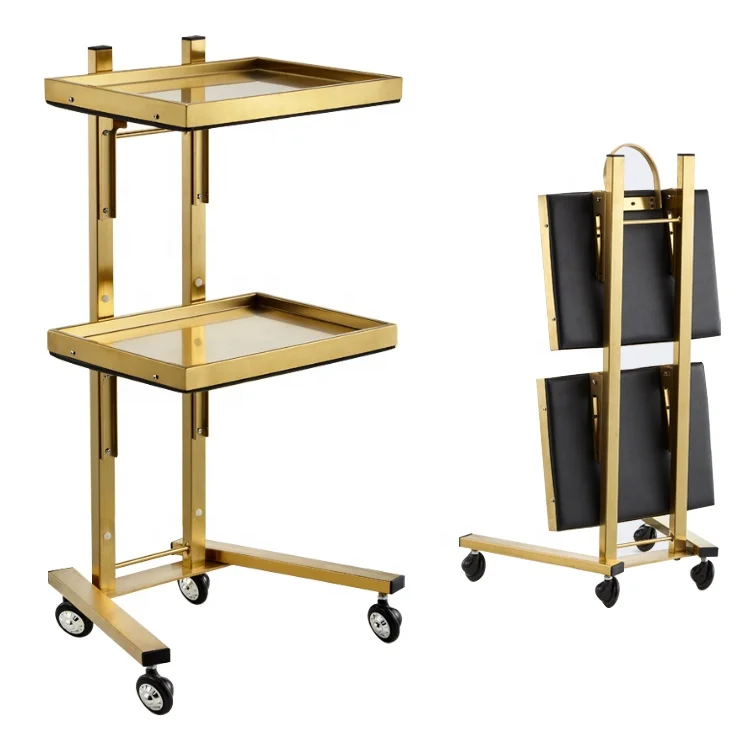 Portable gold folding trolley beauty salon stainless steel 2 tray 4 universal wheels rolling