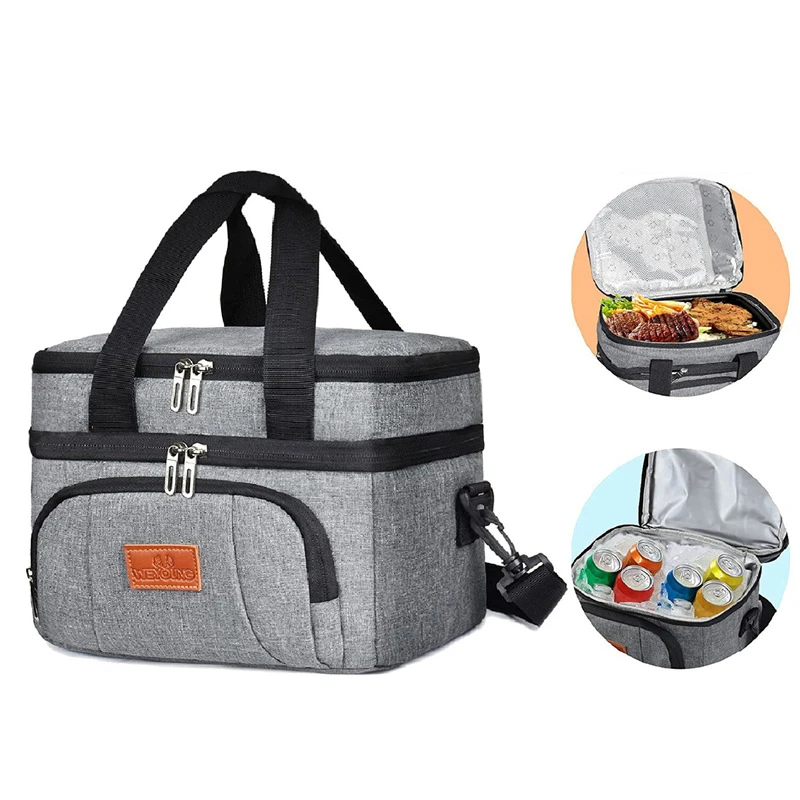 Double Layer Insulated Lunch Bag for Women Men Large Capacity Thermal Picnic Box with Shoulder Strap Zipper Meal Cooler Pouch