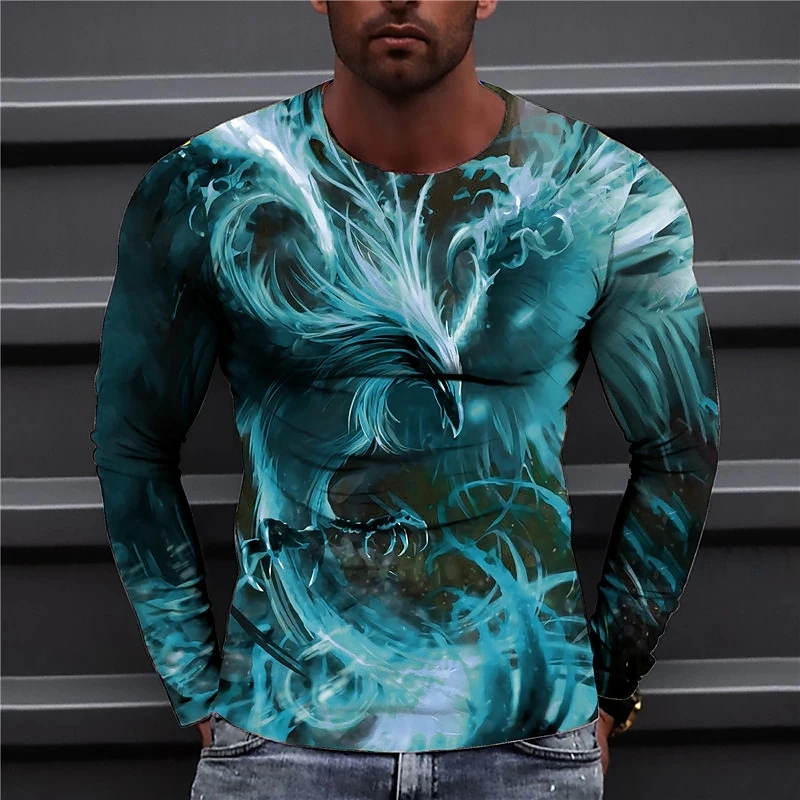 Men\'s Clothing T Shirt 3D Printed Phoenix T Shirt Crew Neck Long Sleeve Designer Interesting Tops Casual Boys Fashion T Shirts