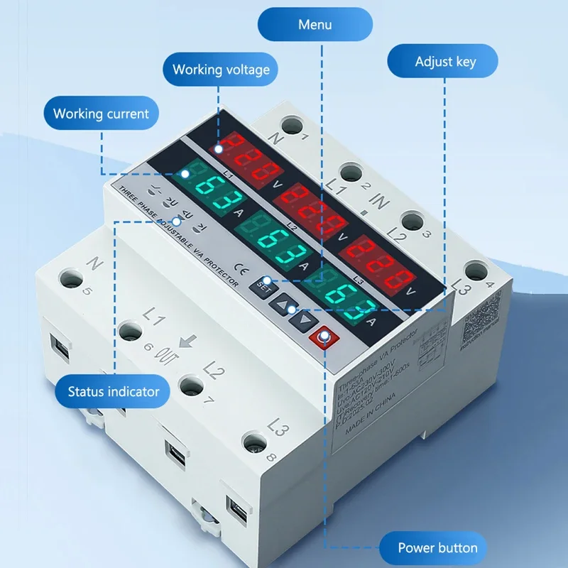 63A/100A 3 المرحلة قابل للتعديل أكثر وتحت الجهد حامي حماية التيار الزائد Din السكك الحديدية الفولتميتر مقياس التيار الكهربائي التبديلات حامي #2