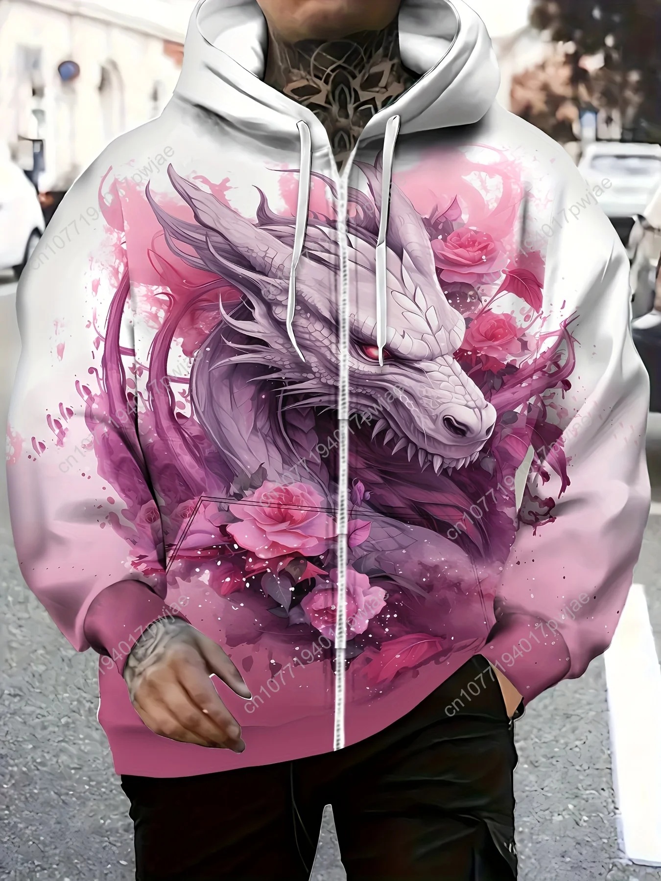 [Giacca con cappuccio floreale con cerniera] Giacca con cappuccio con zip da uomo - Motivo floreale di ispirazione asiatica, Transizione di colore bianco/rosa/rosso, lunga