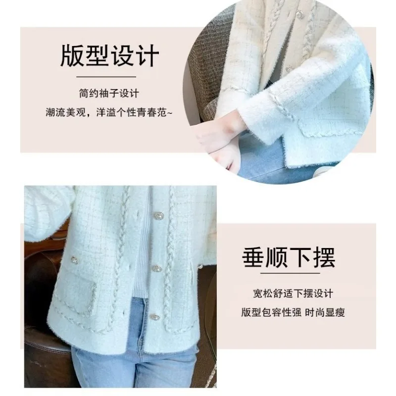 Karierte, kontrastierende Rundhals-Herbst- und Winter-Damen-Strickjacke mit Knöpfen und langen Ärmeln, modisches und elegantes Oberteil