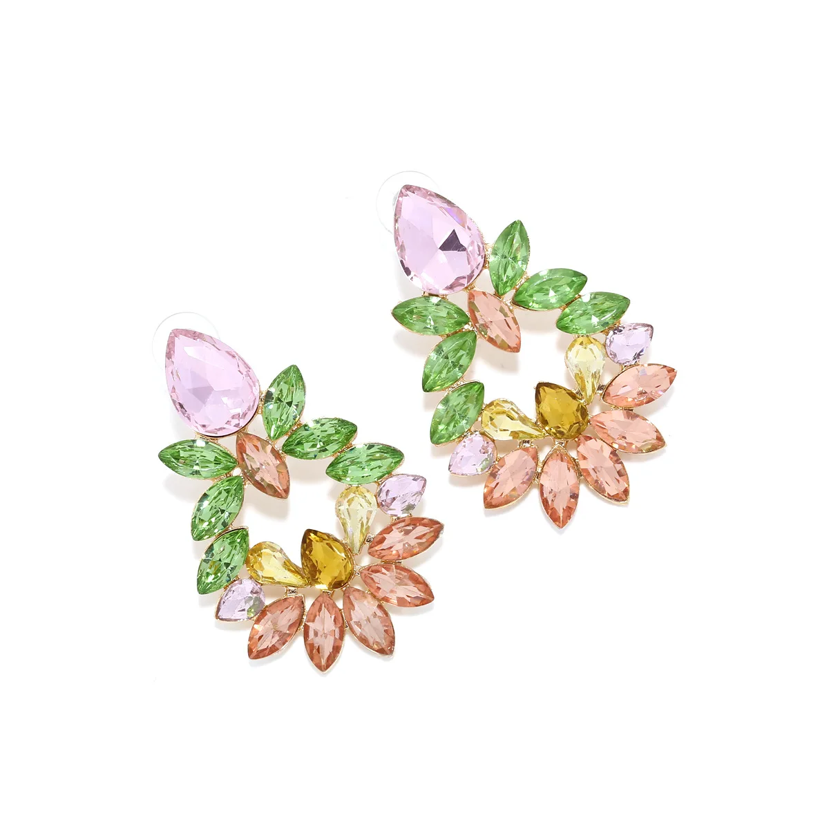 Exaggerated light luxury super flash glass colored diamond flower earrings fashion temperament alloy inlaid with diamond earring