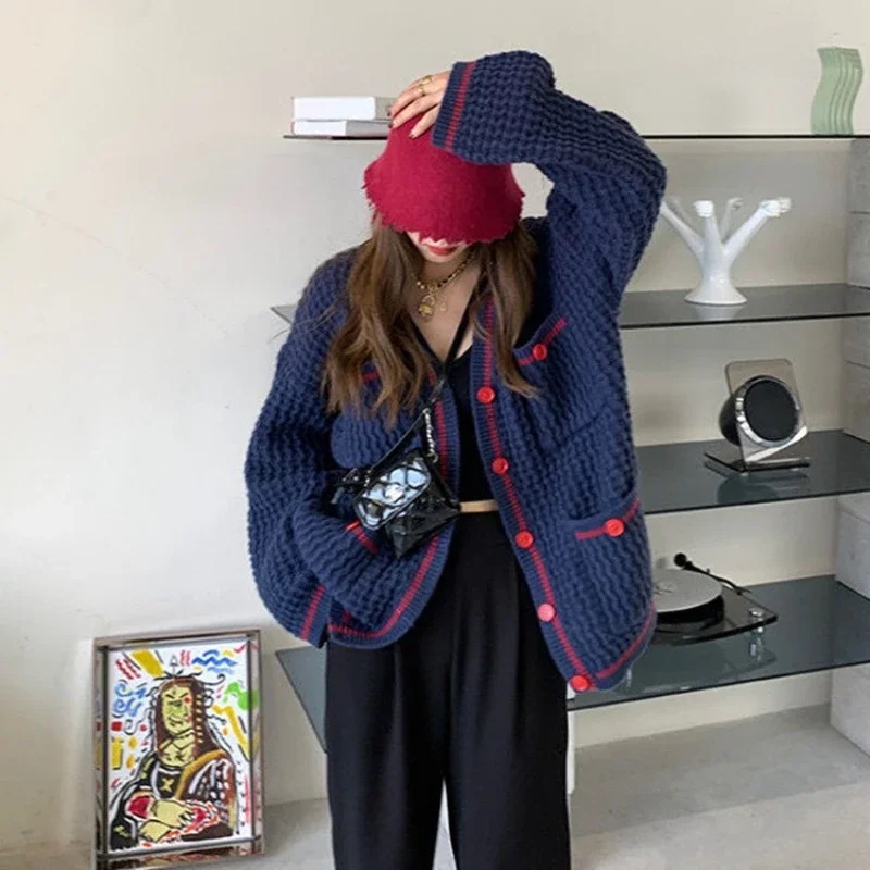 Nova moda outono e inverno feminino elegante manga longa cardigan camisola casual único breasted com decote em v malhas topo