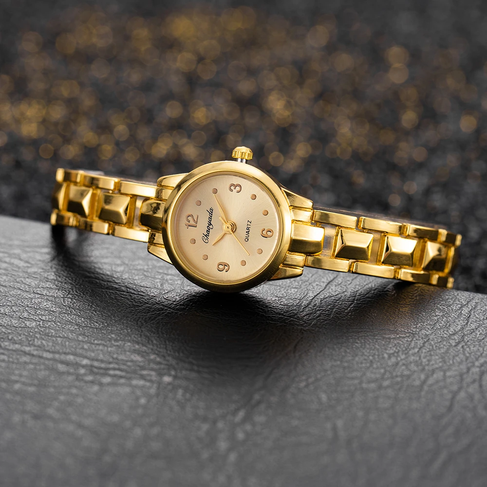 2 uds reloj de pulsera para mujer reloj de cuarzo con esfera pequeña dorada de lujo para mujer vestido elegante reloj de pulsera para mujer reloj montre femme