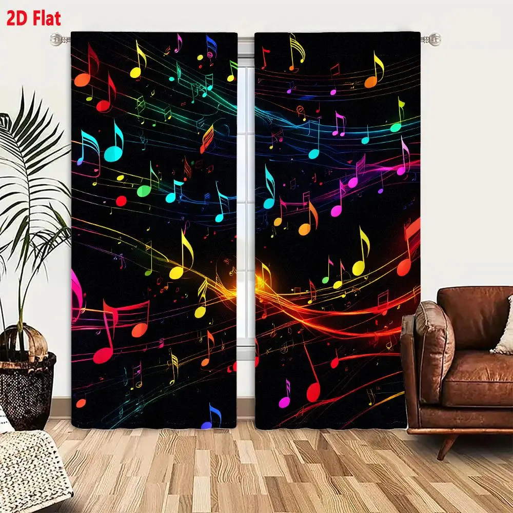 2Pcs Curtains Add 2D Flat Vibrant Abstract Neon Musical Notes Swirling Flowing Lines Golden Burst On Black Background Window Dra