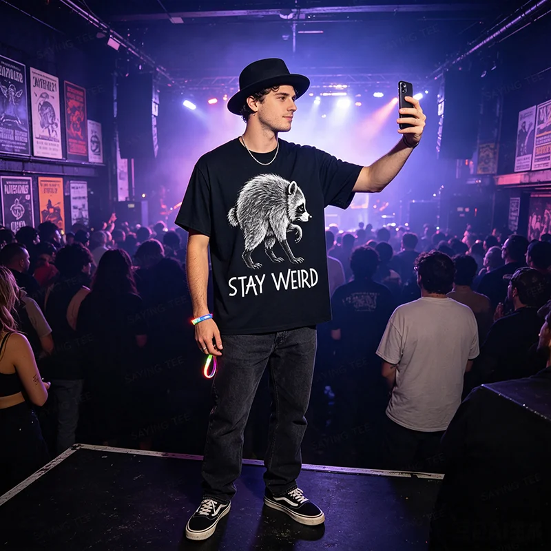 Stay Weird Funny Timothy Raccoon T-Shirt Y2k Herren Damen Baumwolle Gemütliche Oversize-T-Shirts Mode Vintage Kurzarm-Spruch-T-Shirt – Detail 4