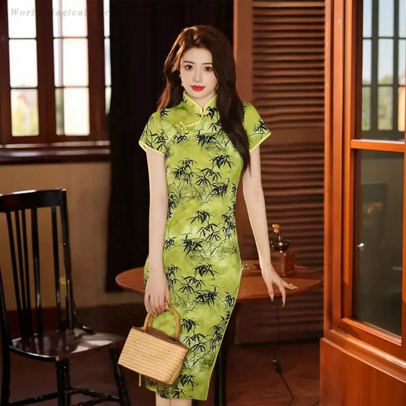 New Summer Vintage Modified Qipao Gorgeous Chinese Style Elegant Long Dress for Young Girls Teen Cheongsam