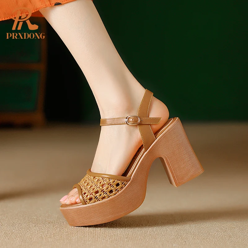 PRXDONG New Classics Genuine Leather Chunky HIgh Heels Platform Shoes Summer Sandals Brown Beige Dress Party Casual Lady Shoes