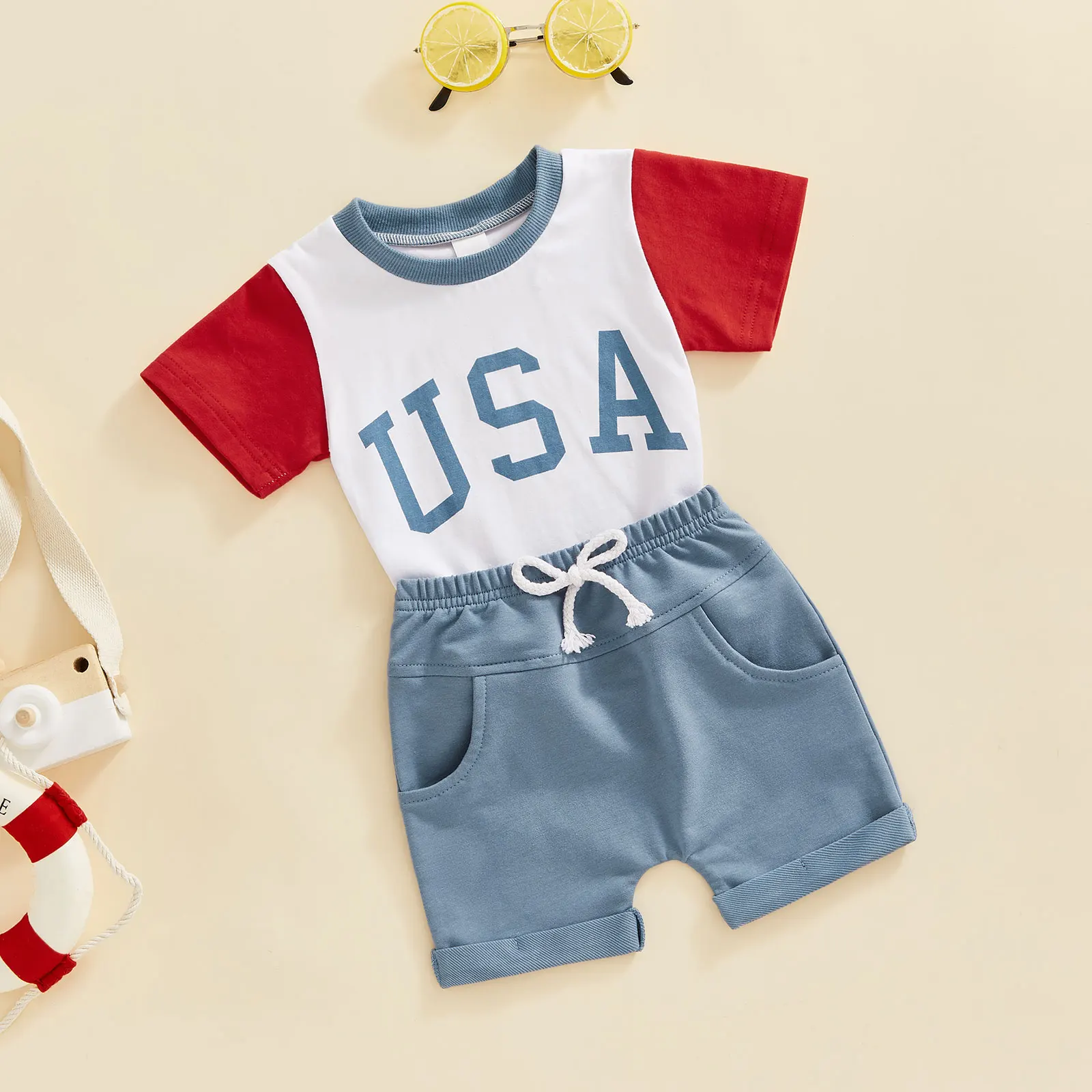 2022-04-18 Lioraitiin 0-24M Newborn Infant Baby Boy Girl 2Pcs Independence Day Clothing Short Sleeve USA Printed Shirt Denim