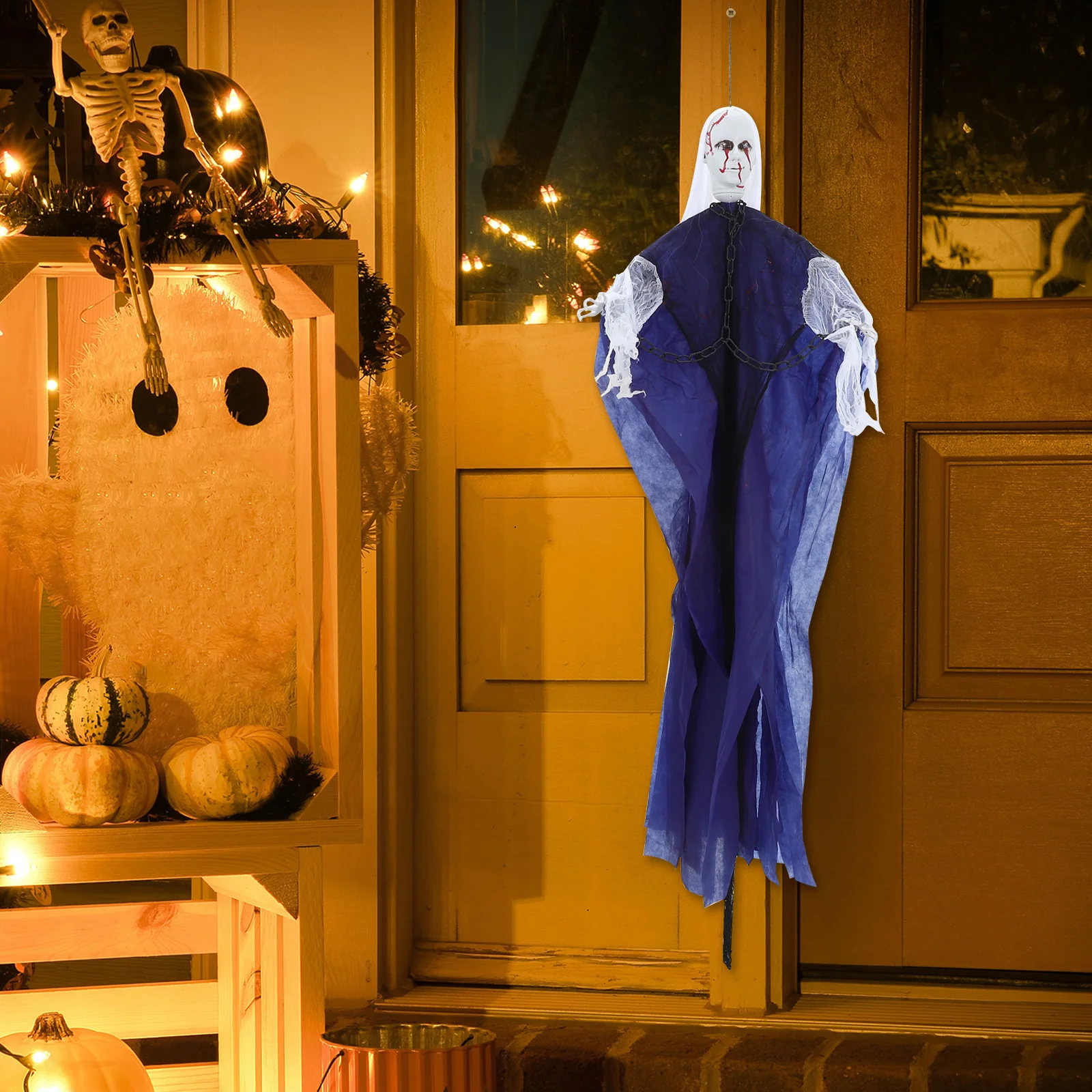 

White Haired Blood Faced Hanging Ghost Decoration Sound Activated Led Eyes Outdoor Indoor Halloween Party Yard Haunted